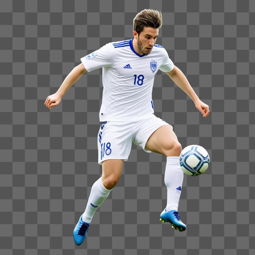 Soccer player wearing white jersey and blue shoes