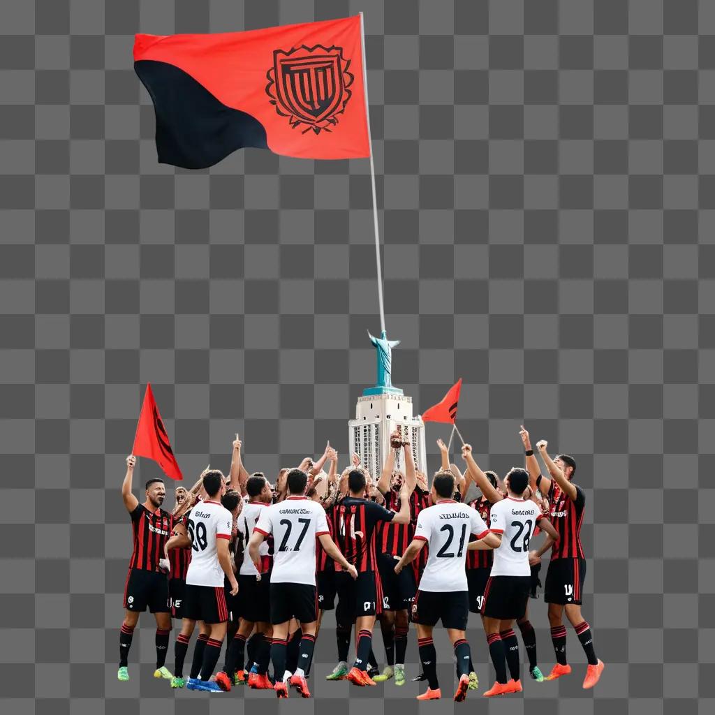 Soccer players celebrate victory at the statue of liberty