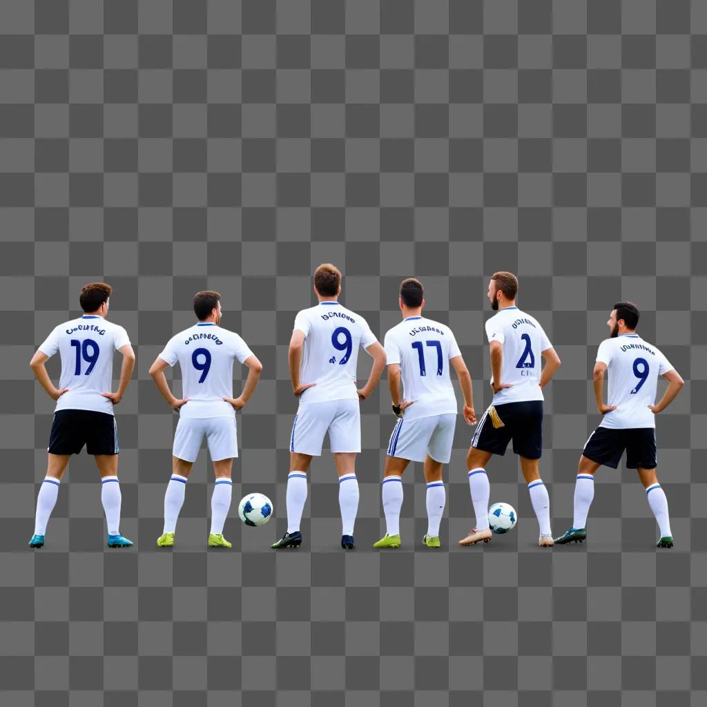 Soccer players line up in front of a gray background