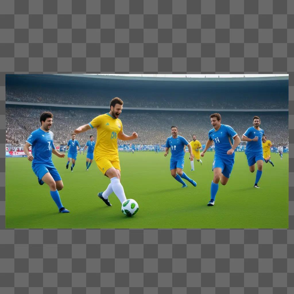 Soccer players on field with ball and spectators