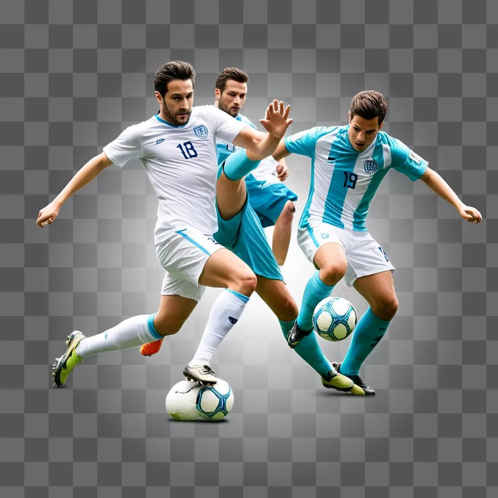 Soccer players on the field, with balls in motion