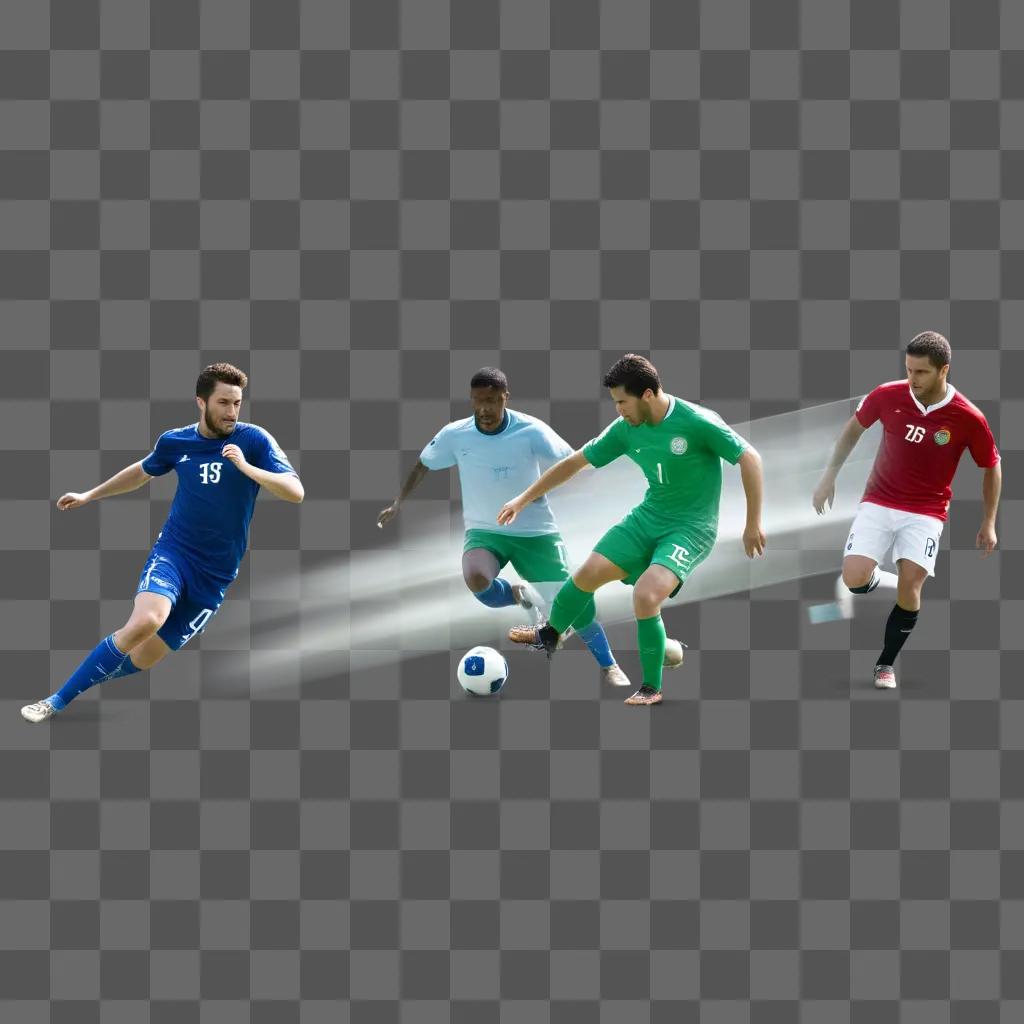 Soccer players running after a ball in a transparent background