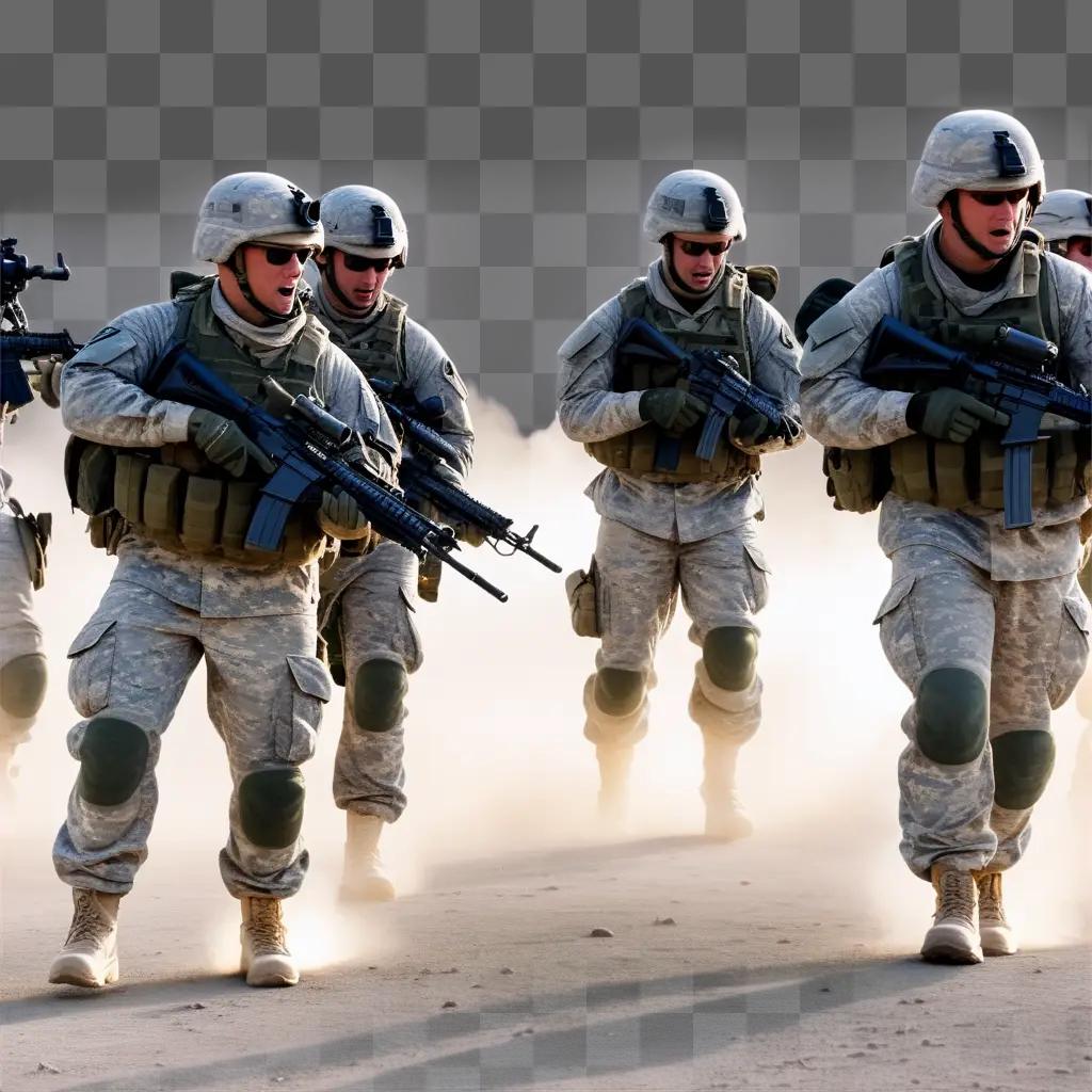 Soldiers carrying guns and weapons on a dusty road