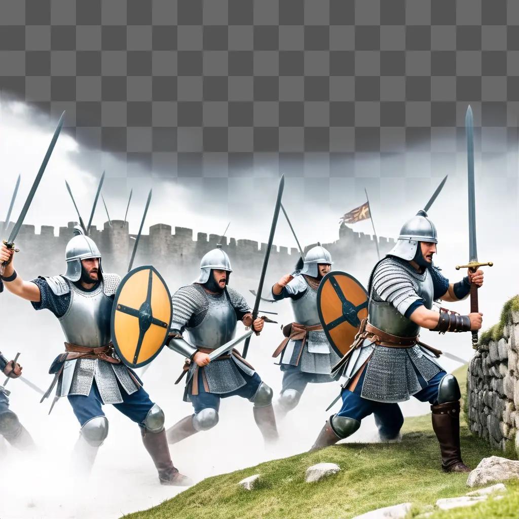 Soldiers in armor, wielding swords and shields, in a battle scene