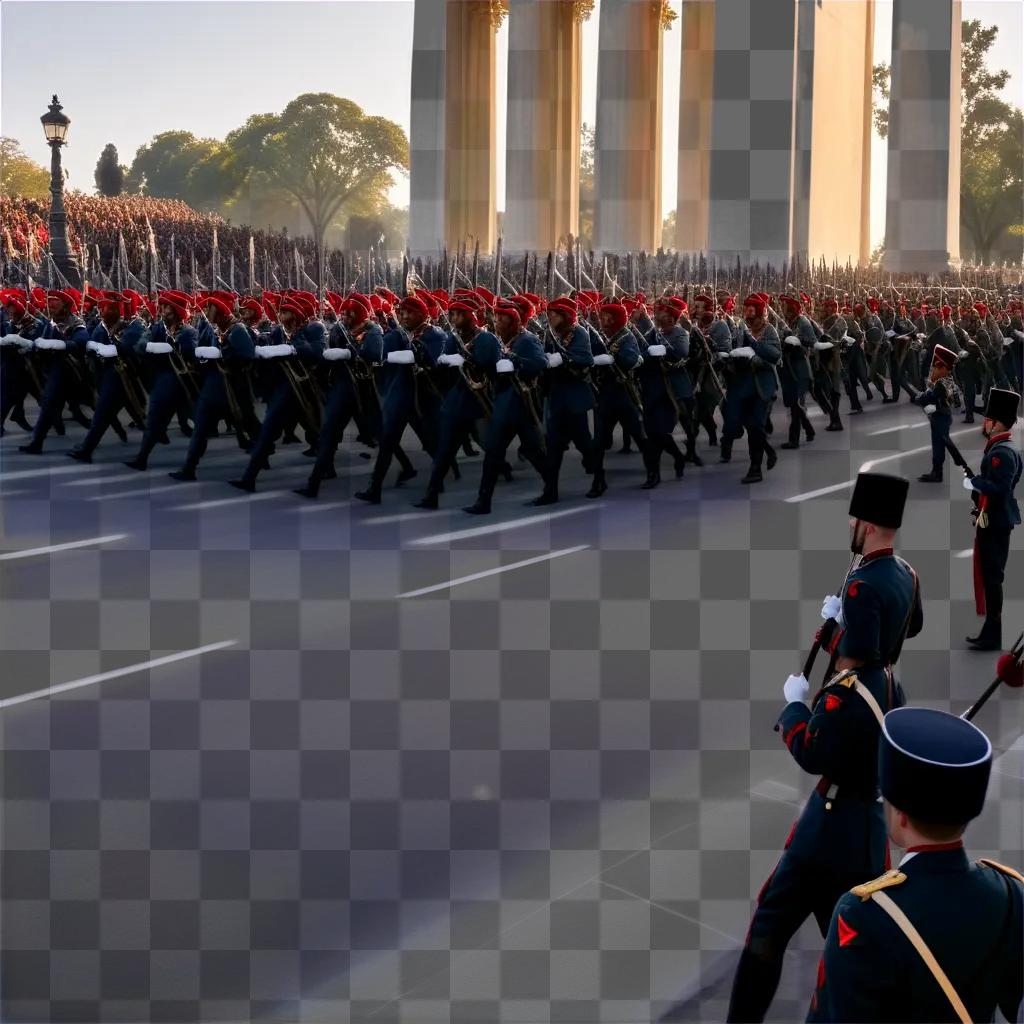 Soldiers march down a street with umbrellas