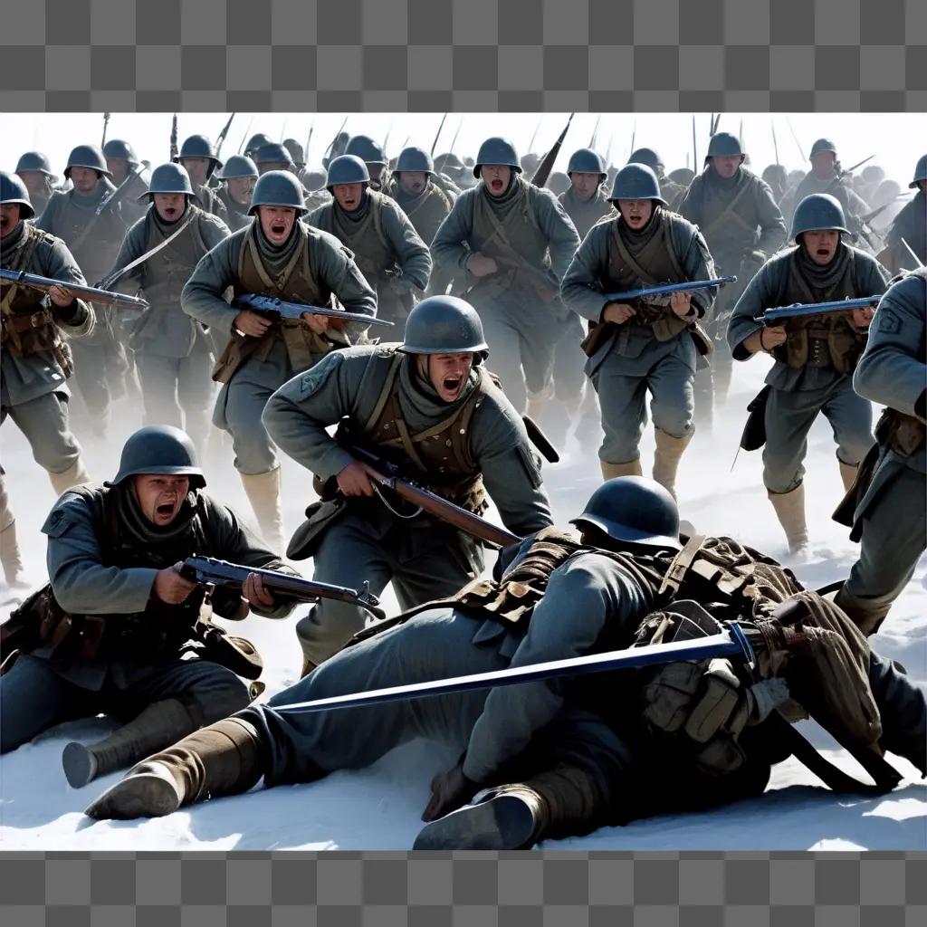 Soldiers storm the snowy battlefield