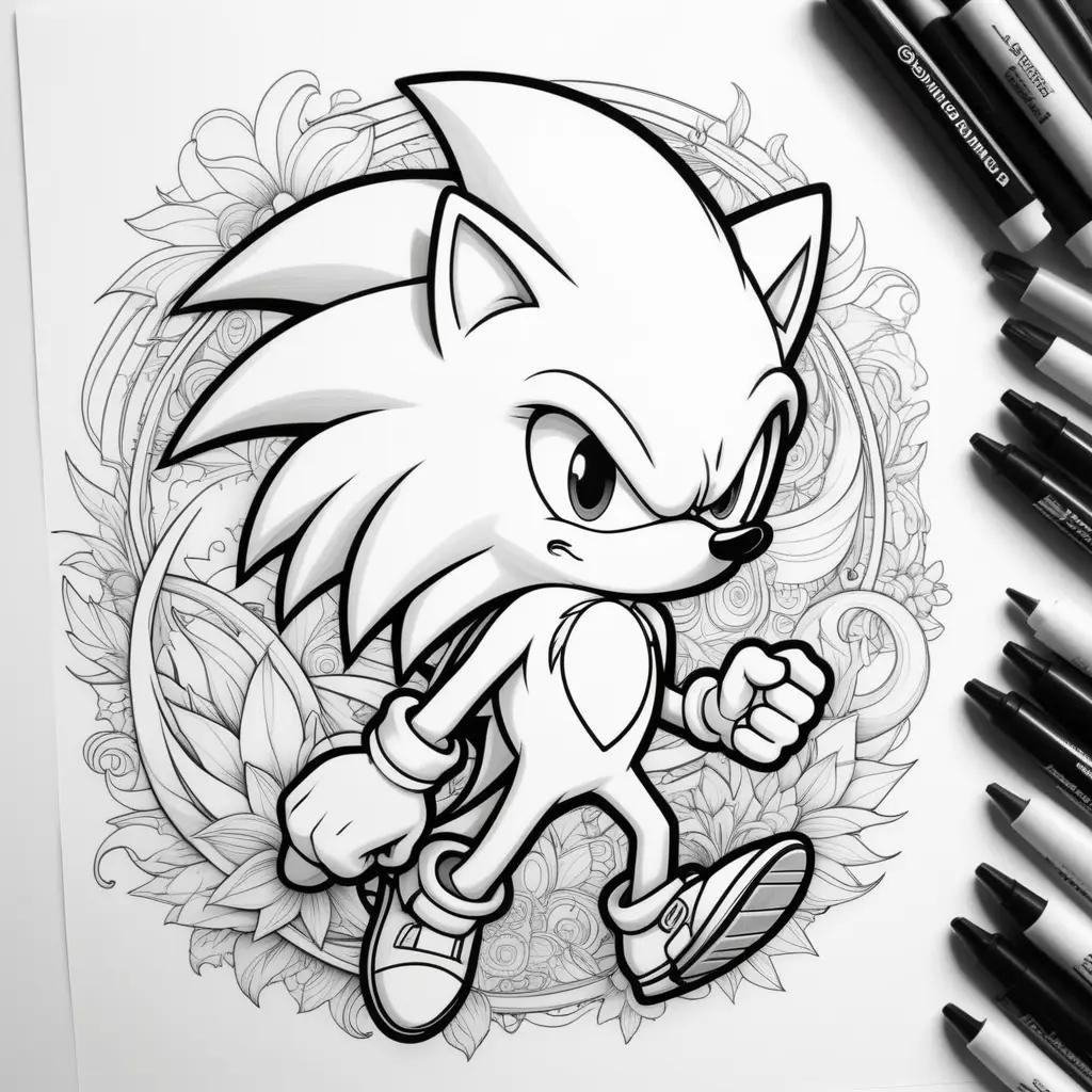 Sonic coloring page features a black and white illustration of the character