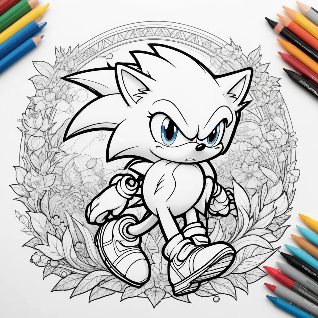 Sonic coloring page features a fierce cat with a flower-filled background