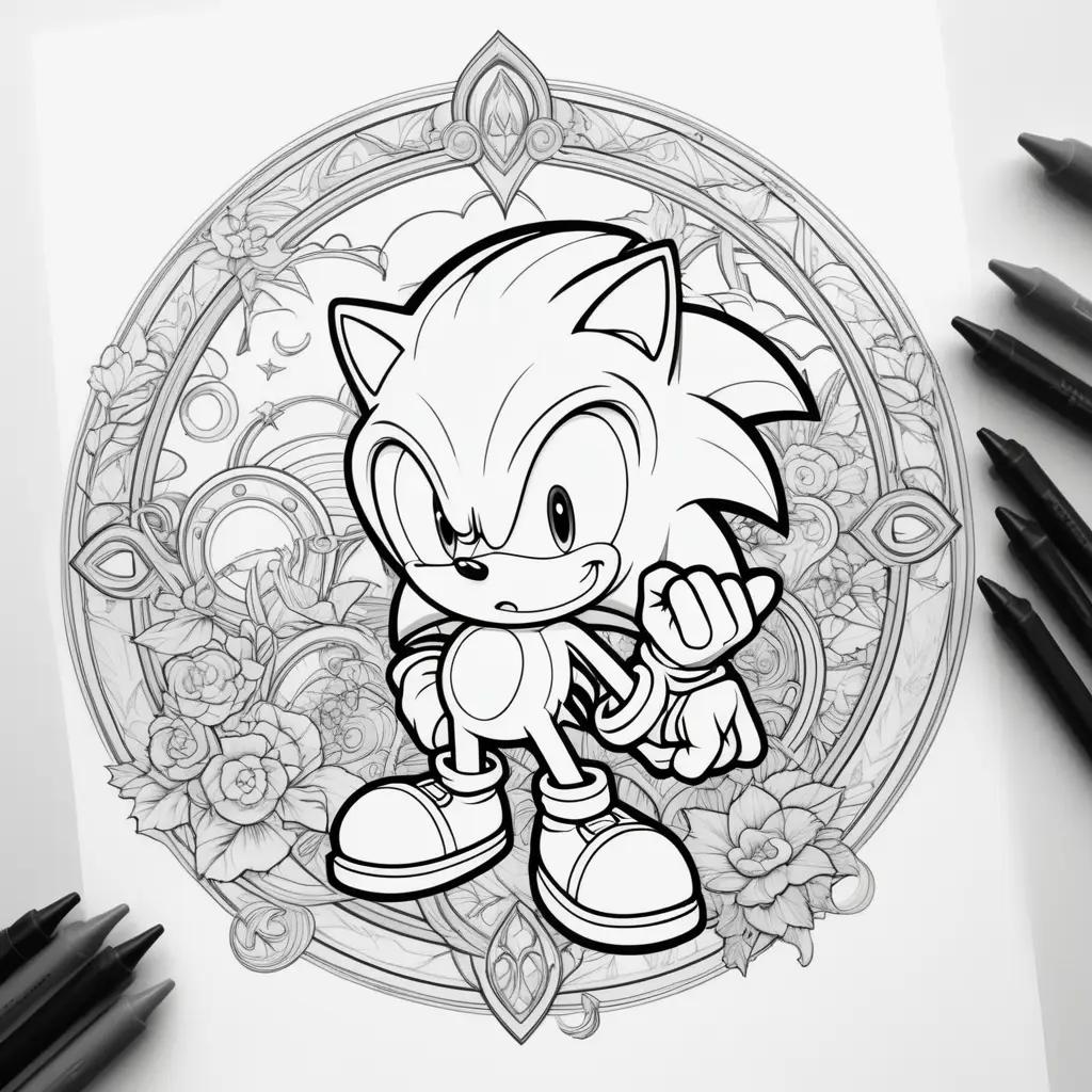 Sonic coloring page with a circle and flowers