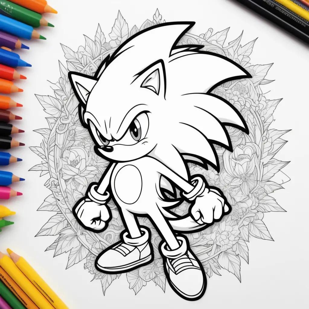 Sonic coloring page with a variety of colored pencils