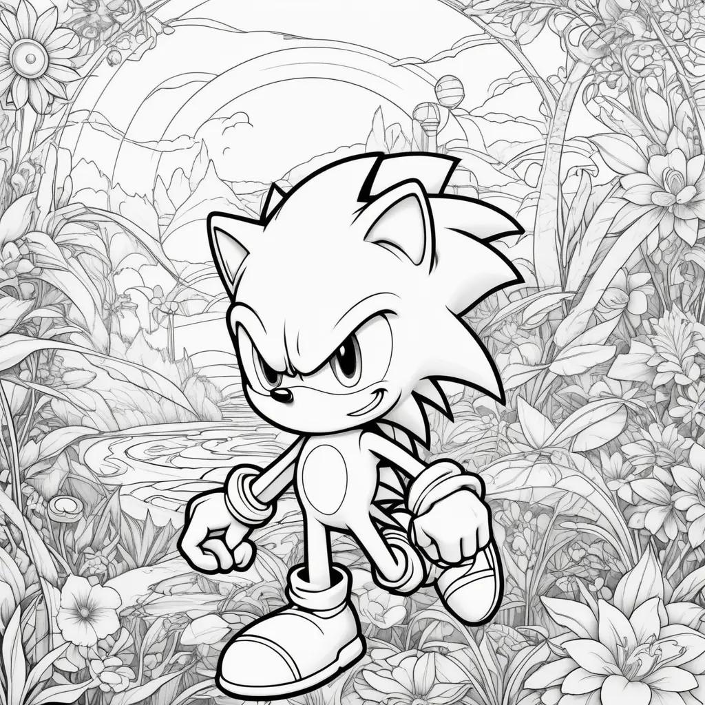 Sonic coloring page with flowers and trees