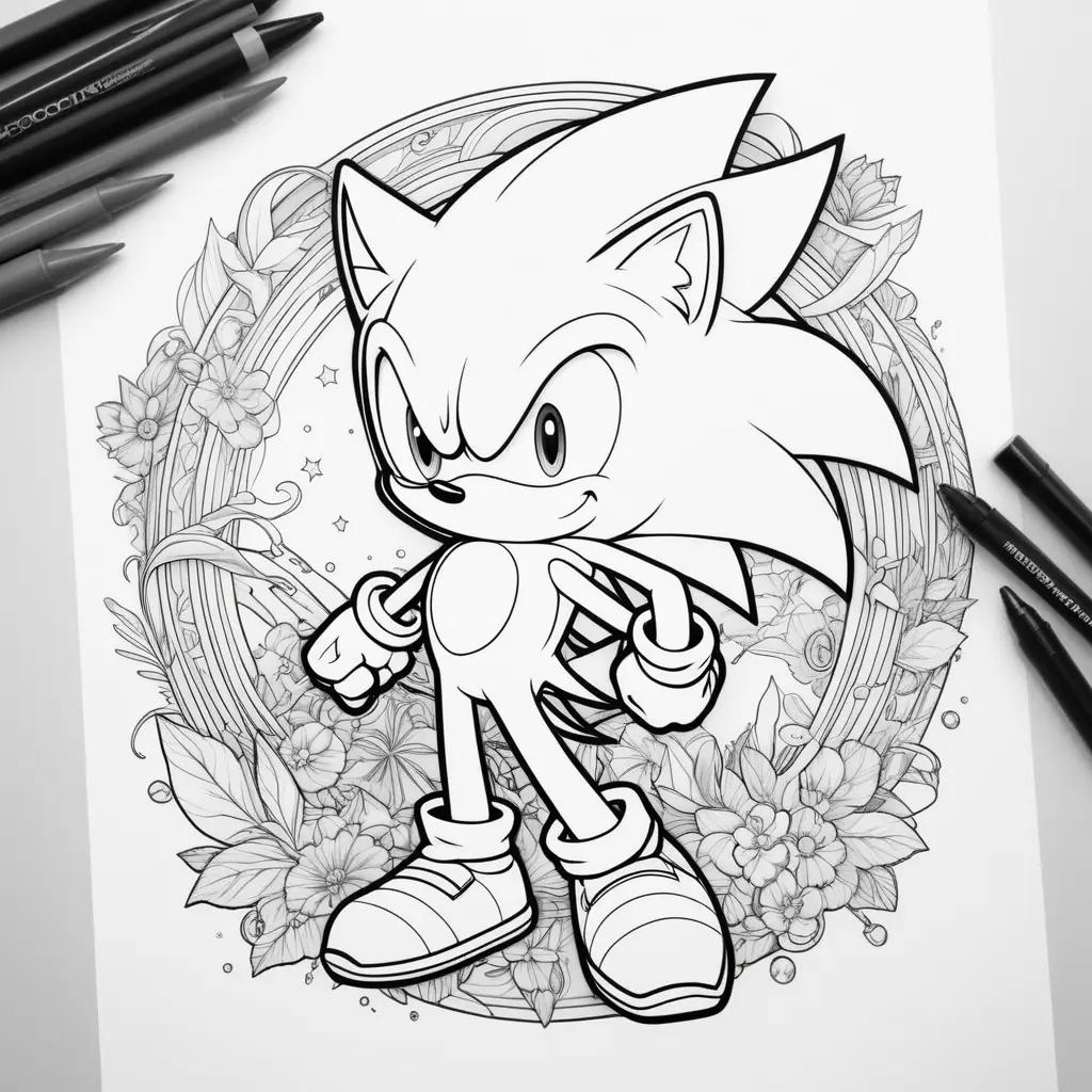 Sonic coloring pages featuring a black and white coloring book illustration