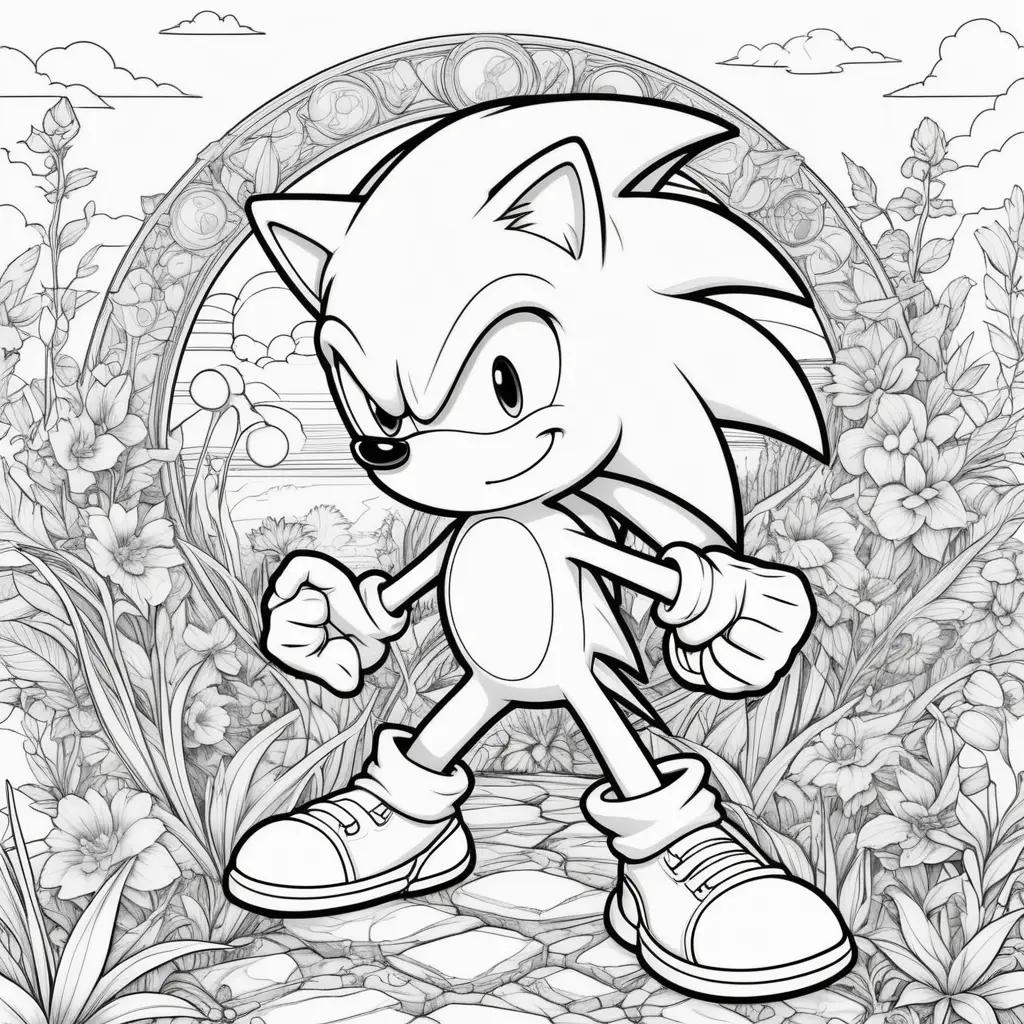 Sonic the Hedgehog coloring page featuring a smiling hedgehog with a flower in the background