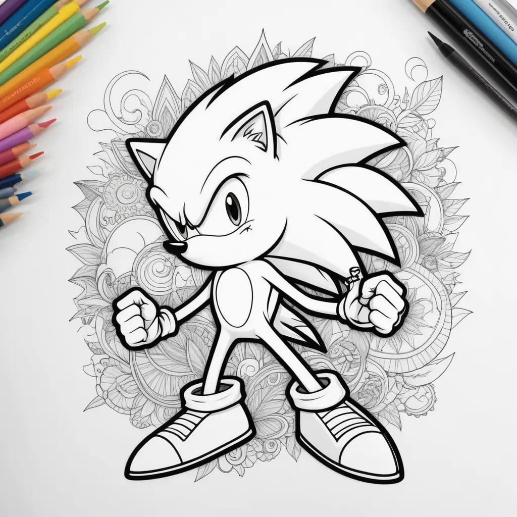 Sonic the Hedgehog coloring page with colorful pencils