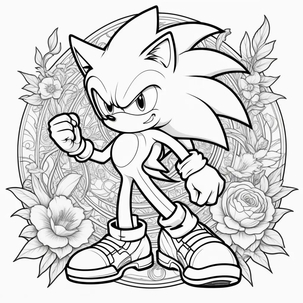 Sonic the Hedgehog coloring page with flowers and shoes