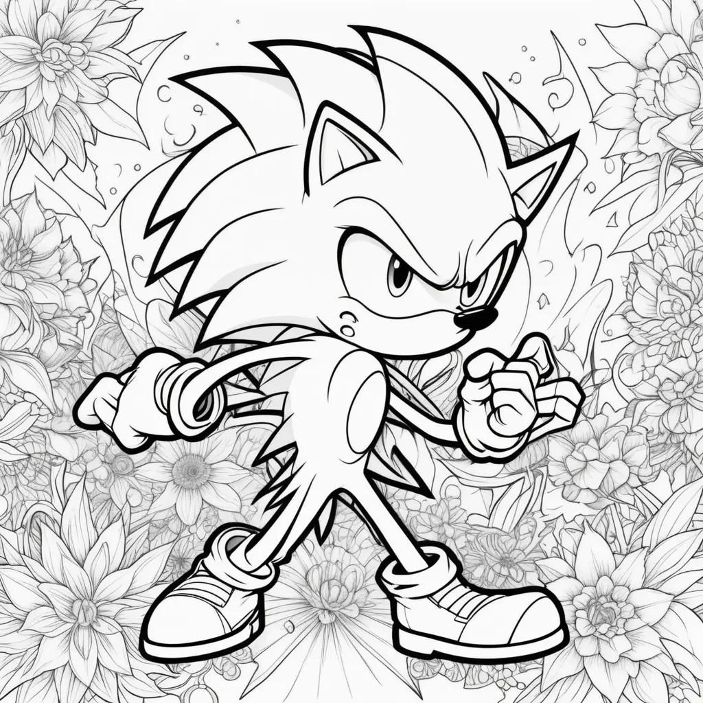 Sonic the Hedgehog coloring page with flowers in the background