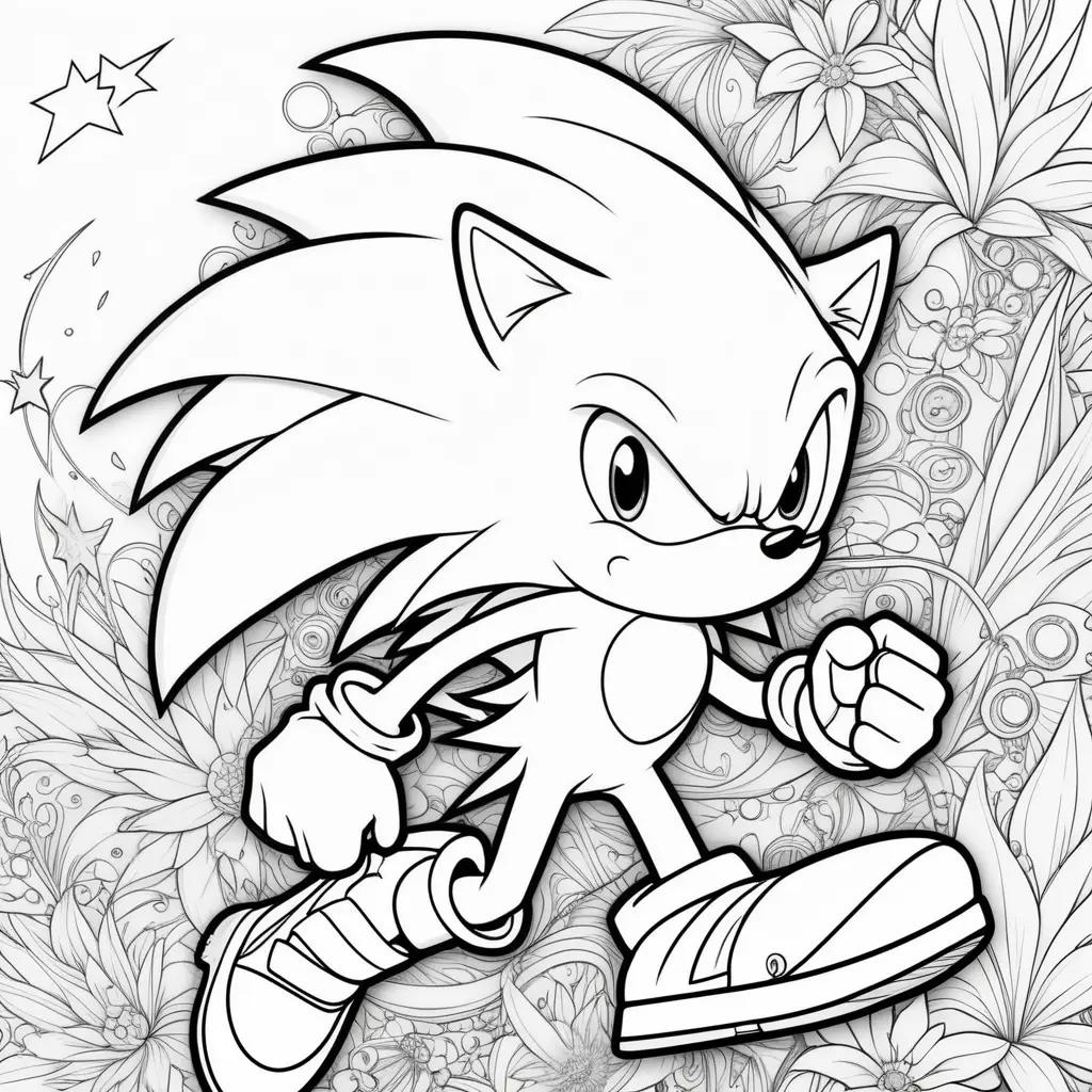 Sonic the hedgehog coloring page with stars and flowers