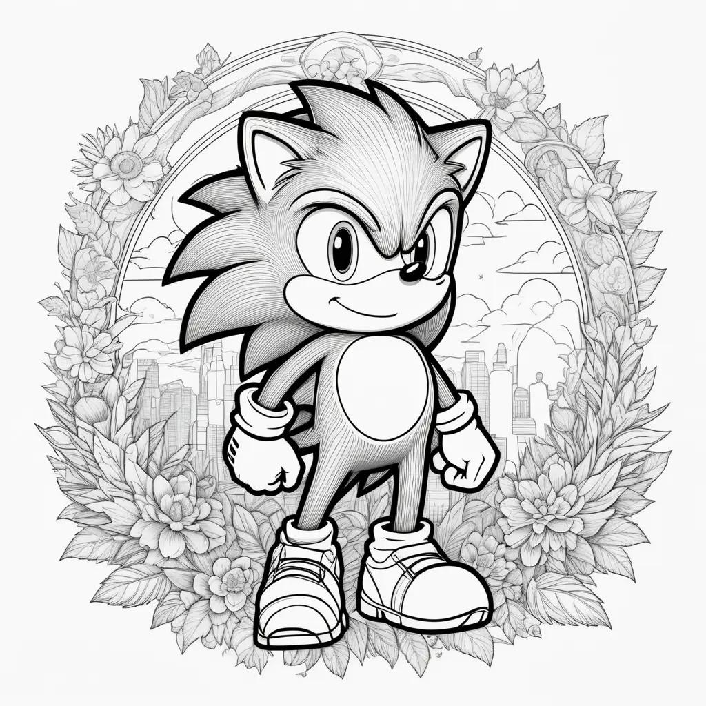 Sonics coloring page with a wreath and flowers