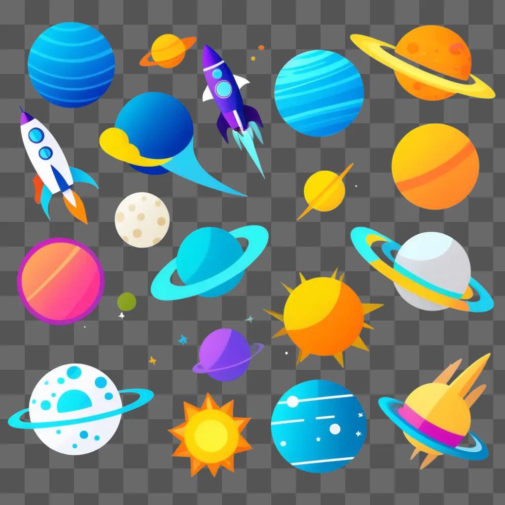 Space clipart featuring planets, rockets and stars