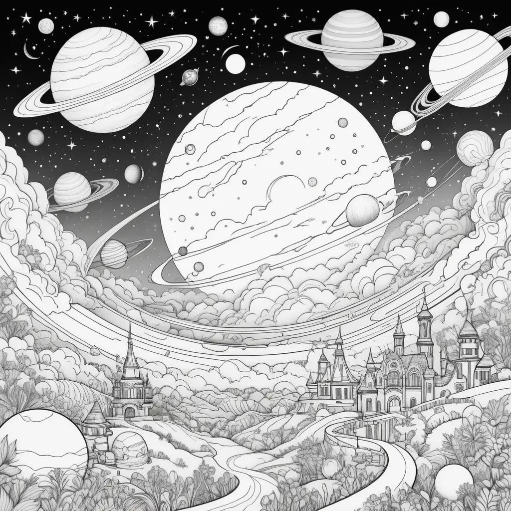 Space coloring page with planets and buildings