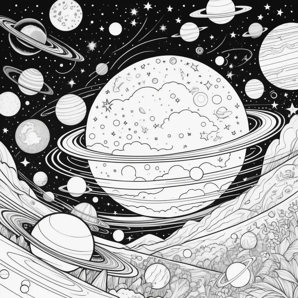 Space coloring page with planets and stars