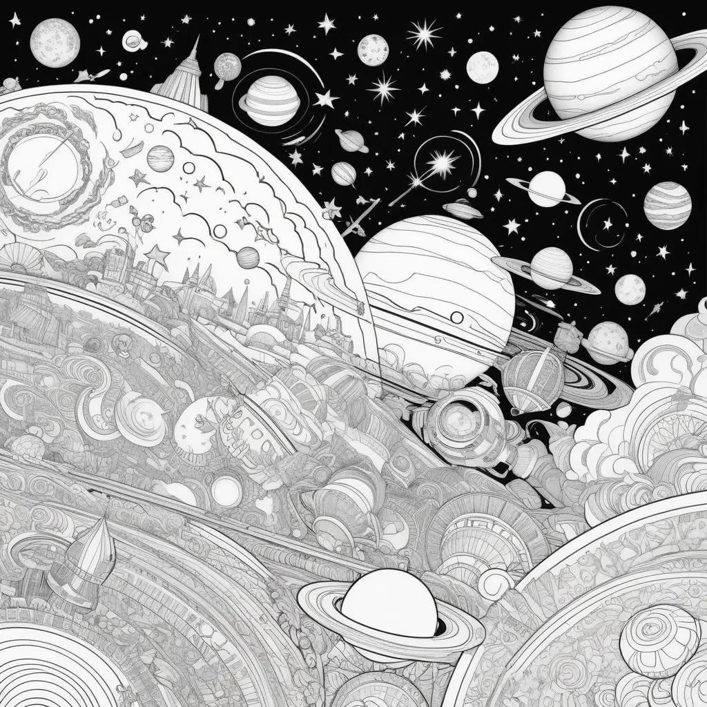 Space coloring page with planets and stars