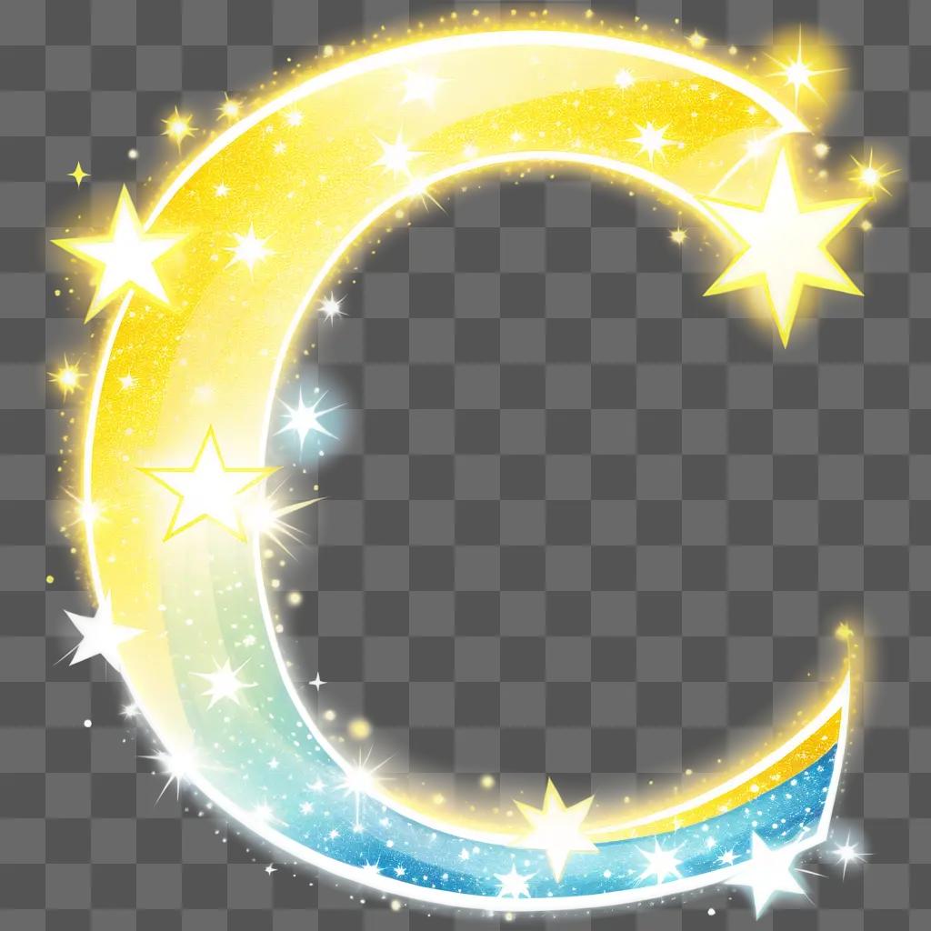 Sparkling stars and crescent moon on a yellow background