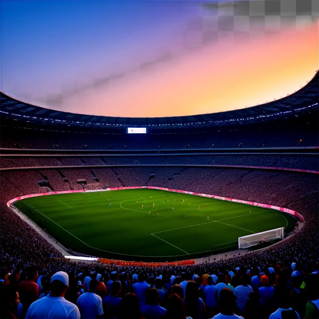 Spectators gather at a stadium for an evening soccer match