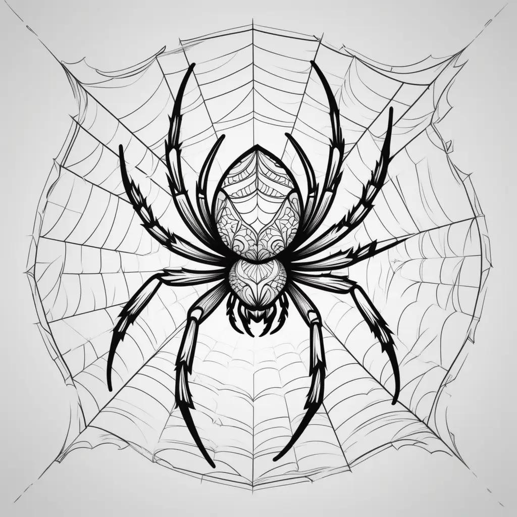 Spider coloring pages featuring intricate black and white drawing of a spider