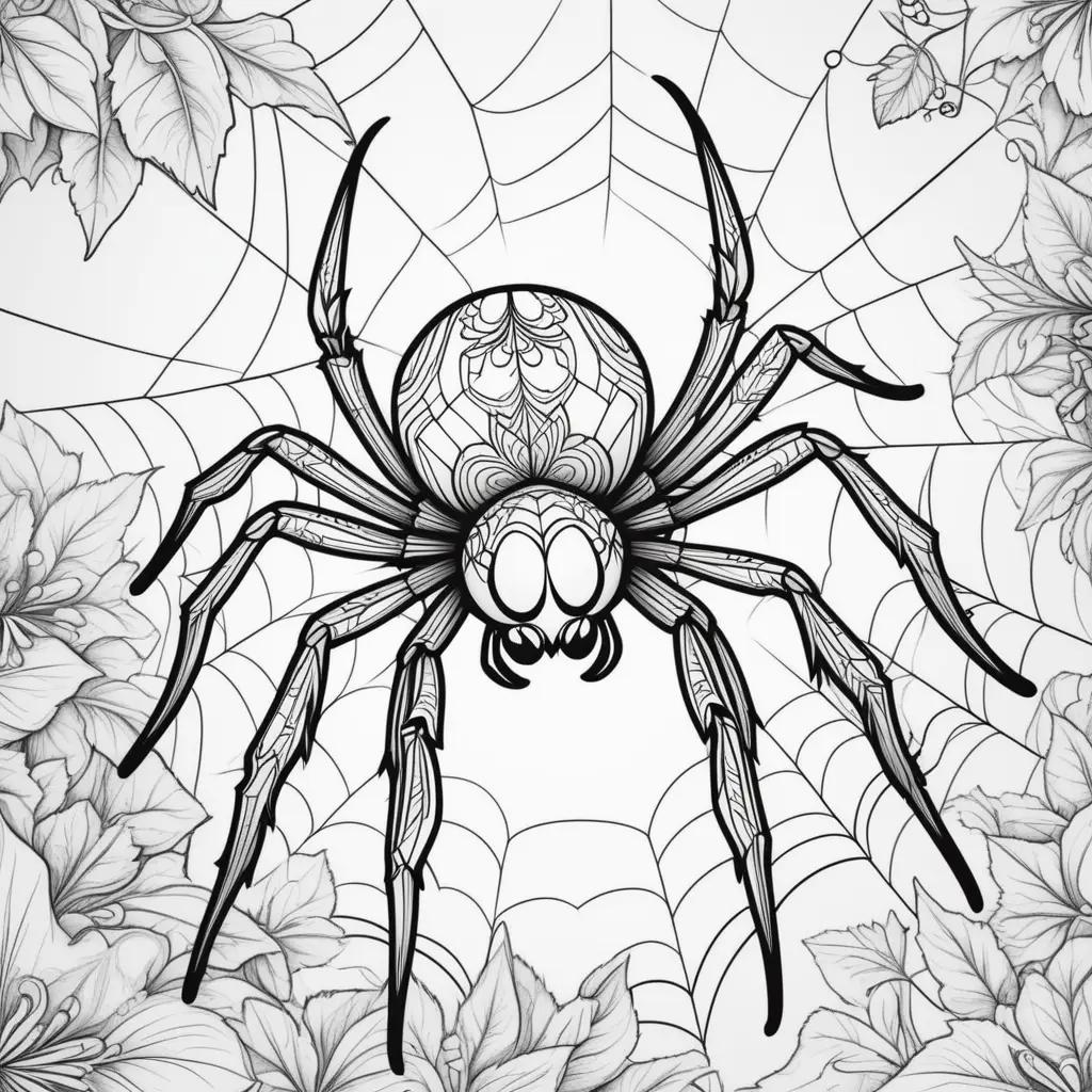 Spider coloring pages with floral background and black and white design