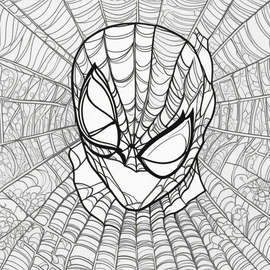 スパイダーマンのぬりえ:蜘蛛の巣の上のスパイダーマンの顔のぬりえ