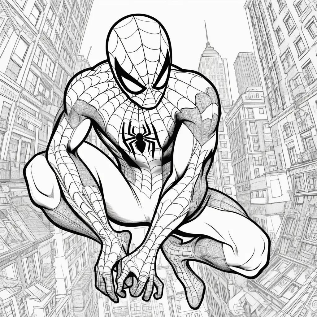 Spiderman Coloring Pages is a black and white image of Spiderman in mid-air