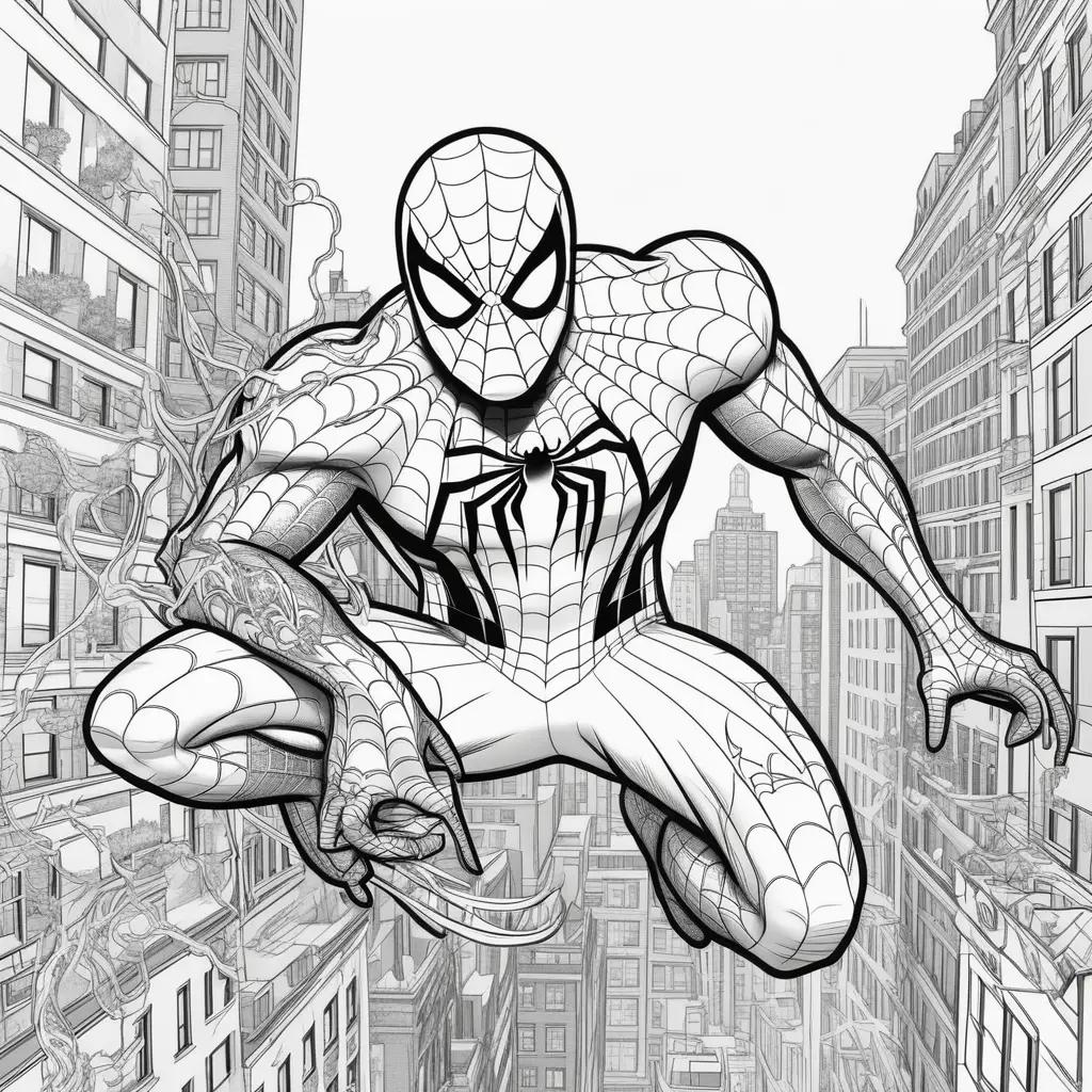 Spiderman coloring page with a cityscape background