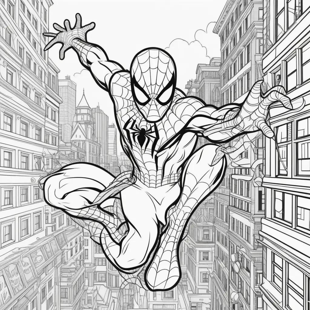 Spiderman coloring pages for kids with buildings in the background