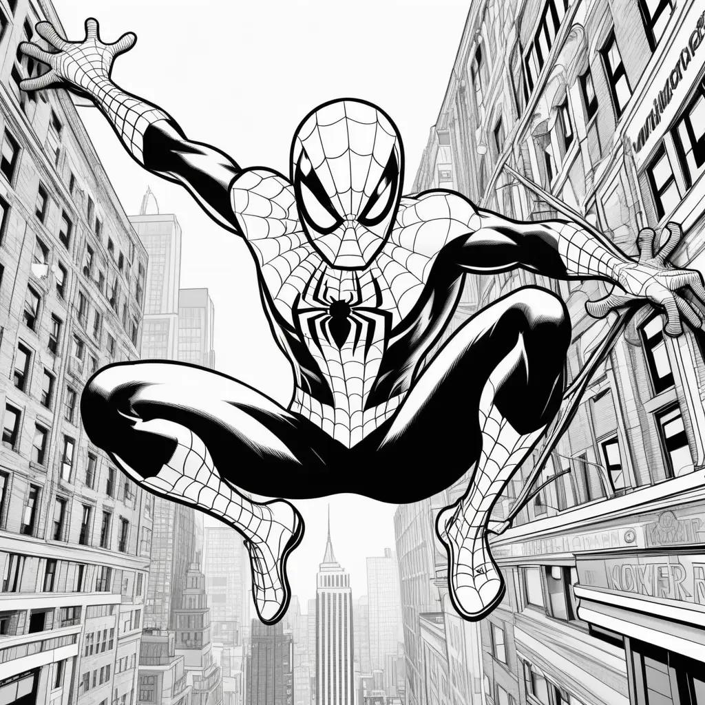 Spiderman coloring pages free: black and white comic coloring pages of a spiderman in the air