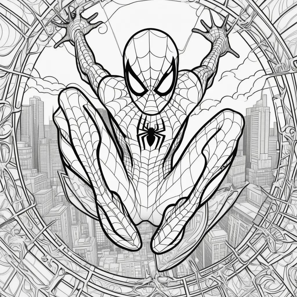 Spiderman coloring pages show a cityscape and a spider