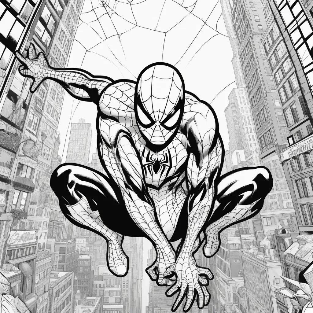 Spiderman in black and white cityscape coloring pages