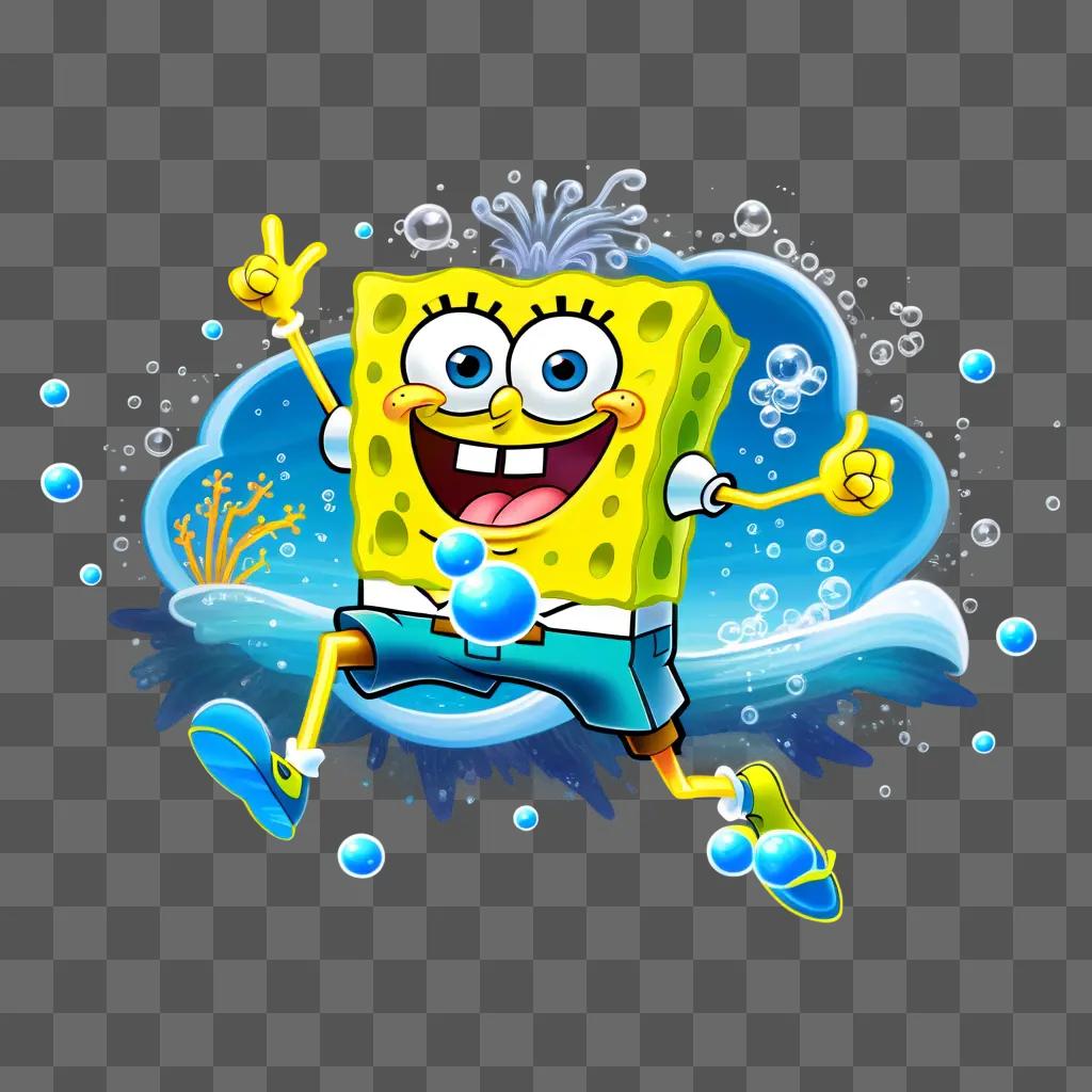 Spongebob cartoon character with peace sign and bubbles