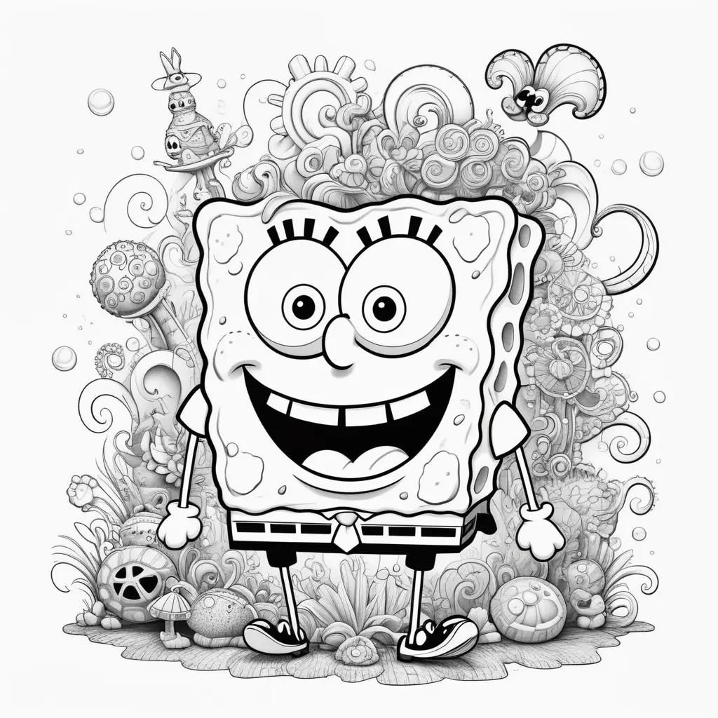 Spongebob color page with cartoon animals and flowers