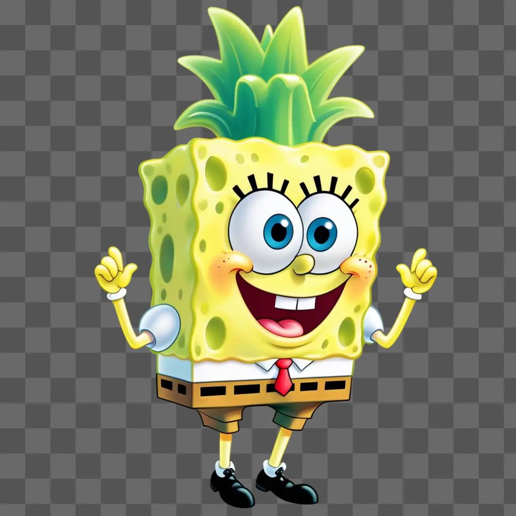 Spongebob in cartoon form, smiling and holding a pineapple