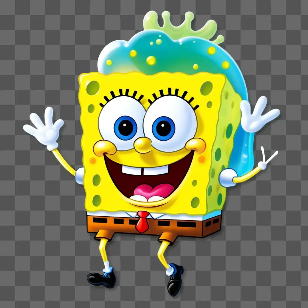 Spongebobs happy face against a green background