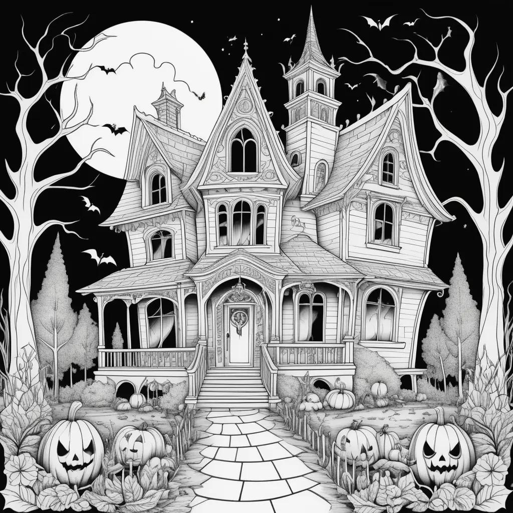 Spooky coloring pages featuring a house with pumpkins and bats