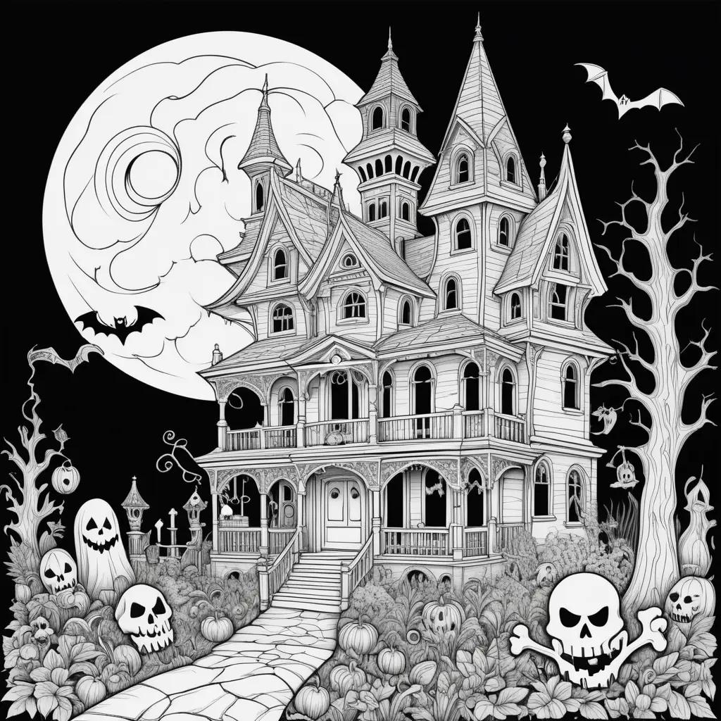 Spooky coloring pages of a haunted house