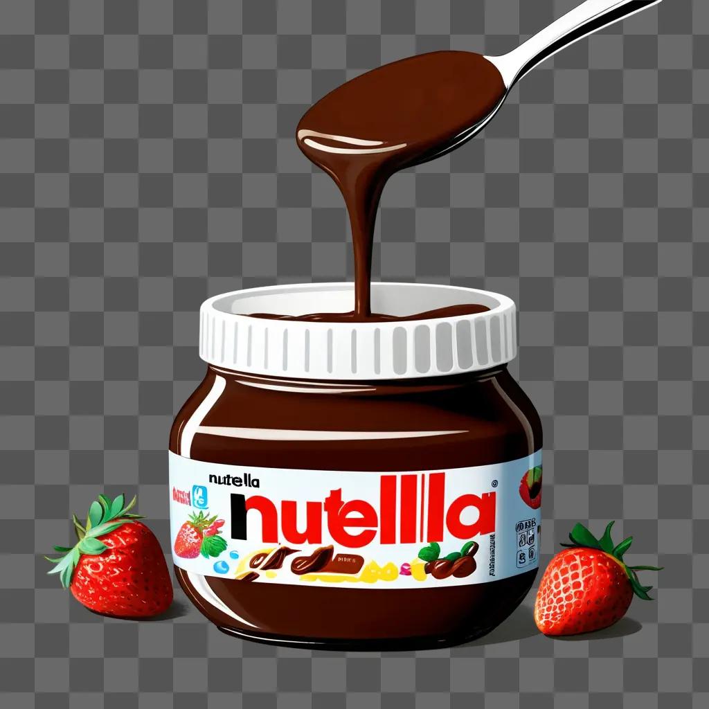 Spoonful of Nutella dripping from jar with strawberries