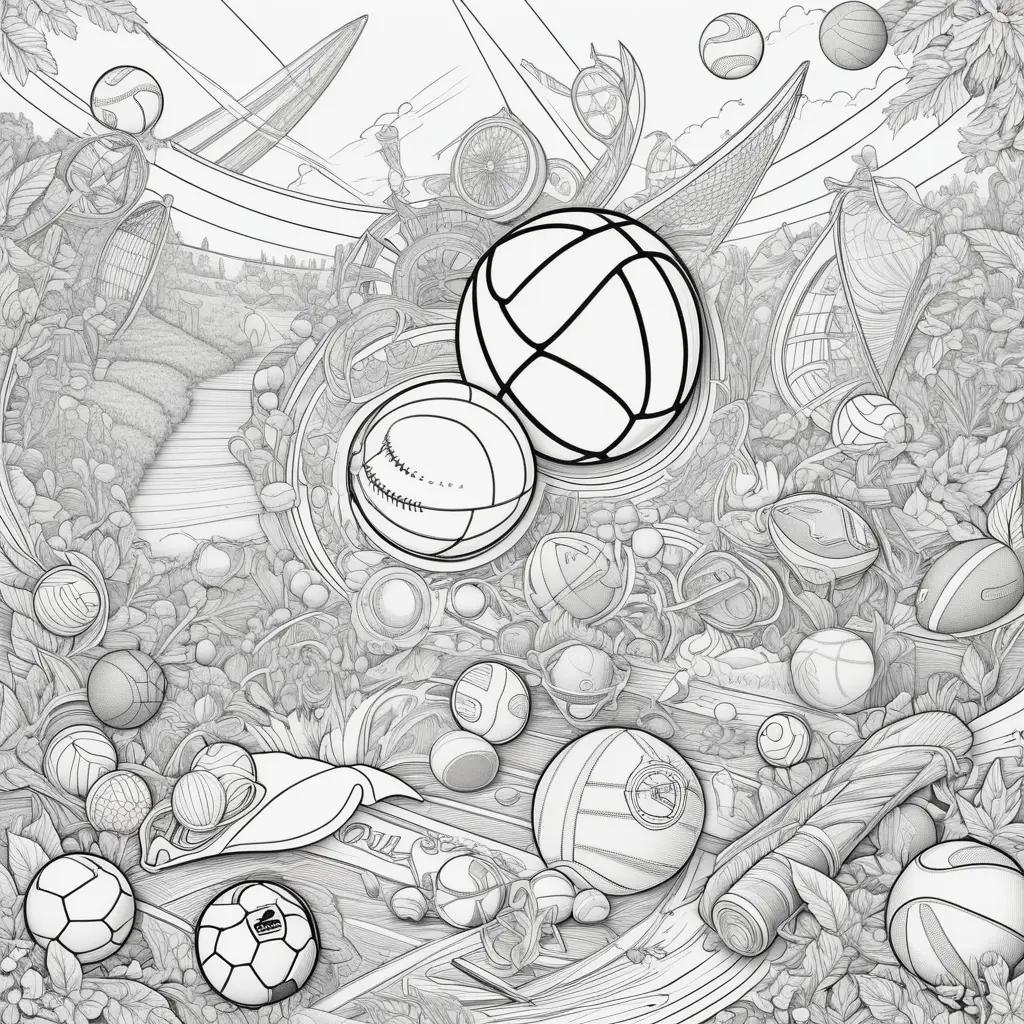 Sports coloring pages with a cartoon ball in a garden