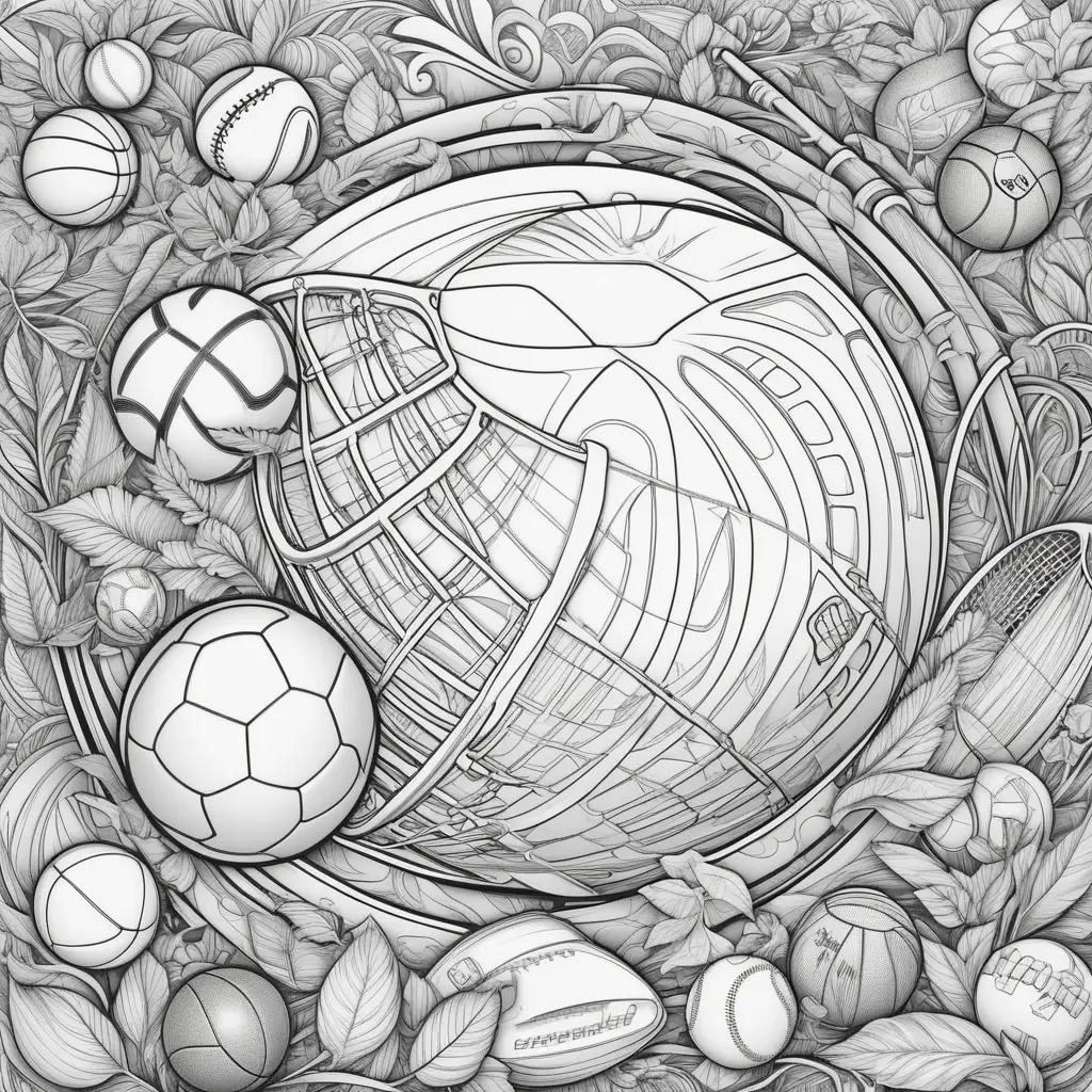 Sports coloring pages with a variety of sports equipment