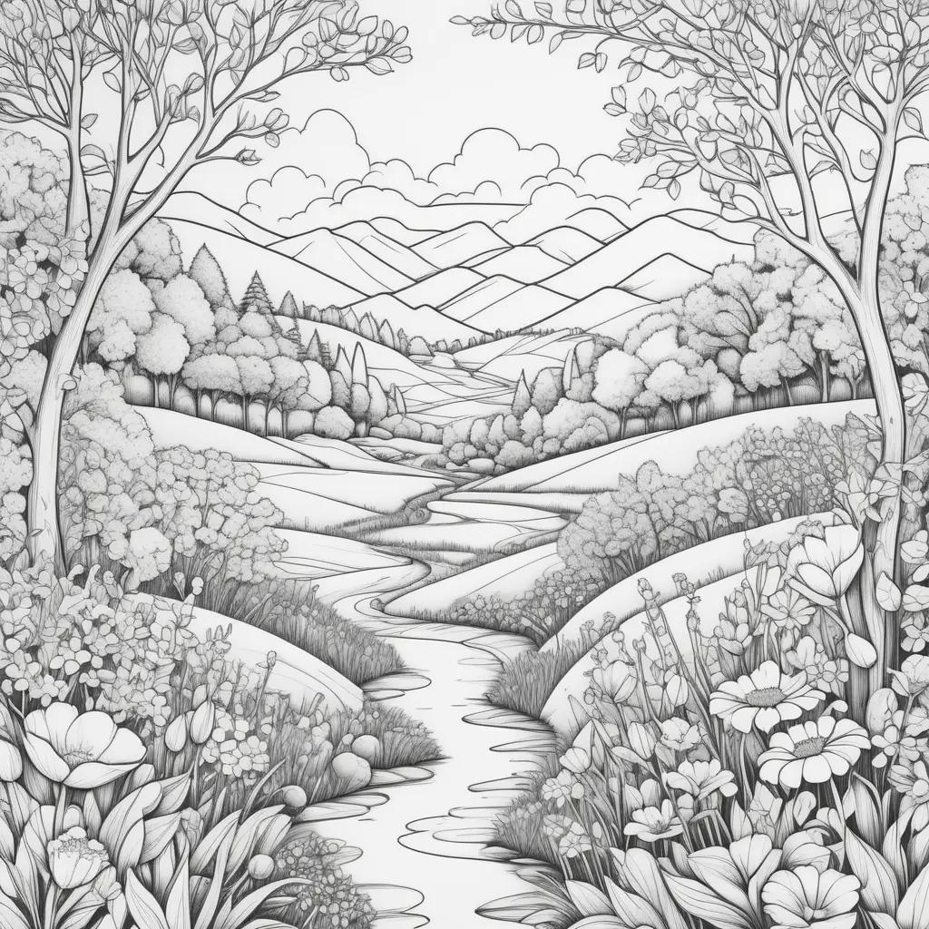 Spring Coloring Page: A black and white illustration of a garden with a river and flowers