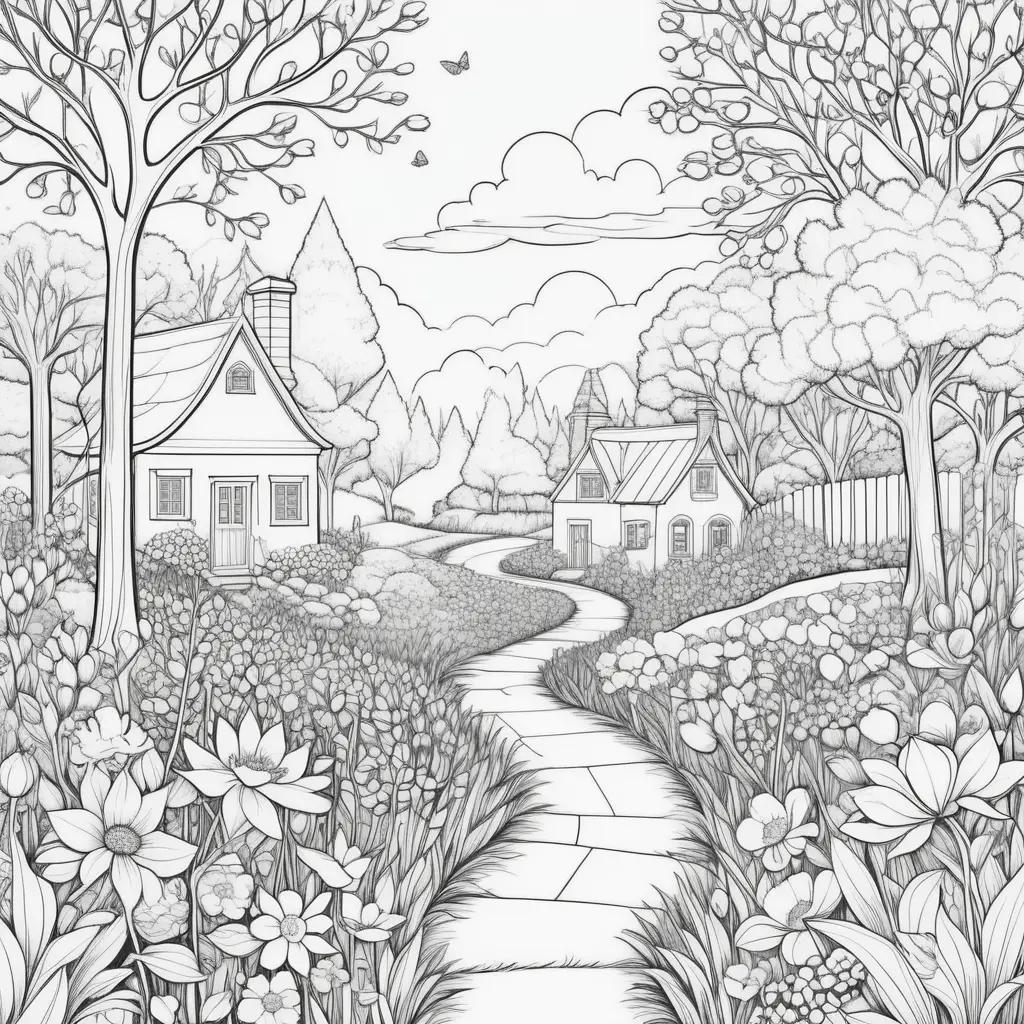 春のぬりえ:お花畑の白黒画