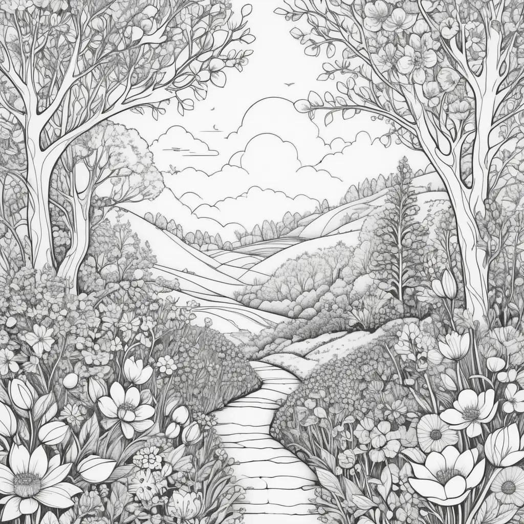 Spring color page features a lush forest with flowers and a path through the trees