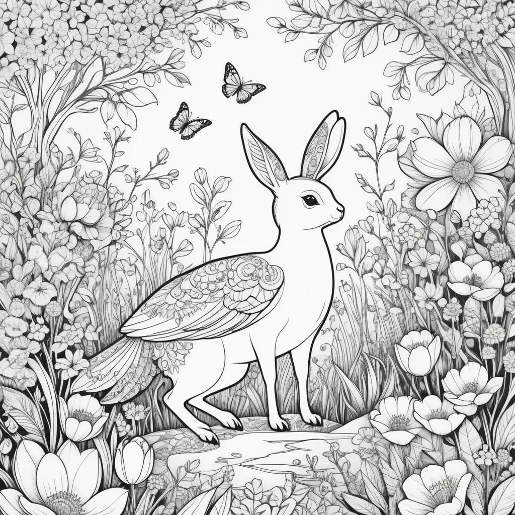 ウサギ、花、蝶が描かれた春のぬりえ